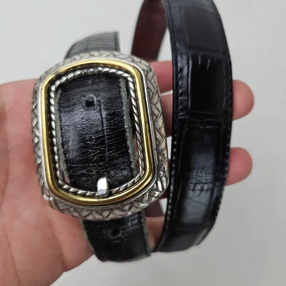 Western Flip Reversible Belt Sz 32 Black Brown Croc Embossed Leather Silver Gold